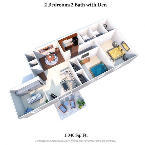 Floor plan for 2 beds, 2 baths, 1040 sqft